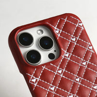 Plaid Heart Pattern Genuine Leather Phone Case for iPhone 15 Series