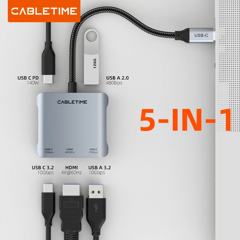 CABLETIME 5-in-1 USB-C Hub with Fast Data Transfer