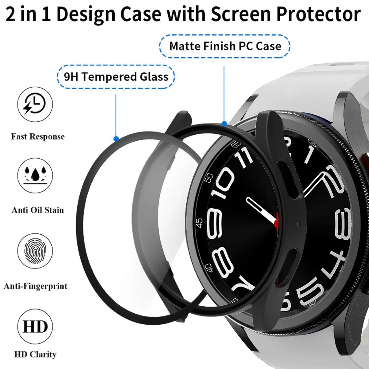 Samsung Galaxy Watch 7 Tempered Glass Case + Silicone Strap Band