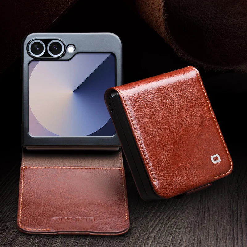 Retro Elegant Genuine Cowhide Leather Flip Case for Samsung Galaxy Z Flip 6