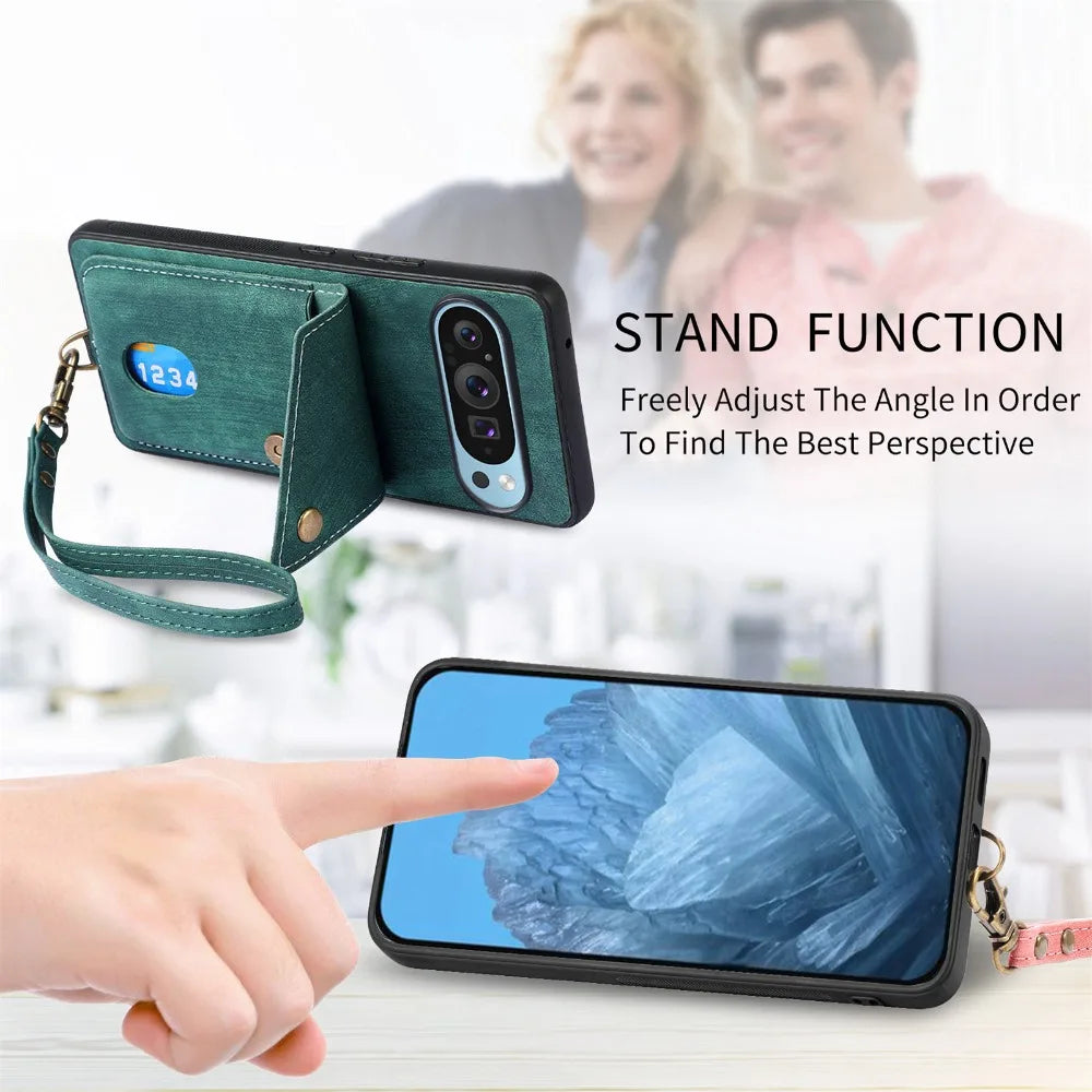 PU Leather Shockproof Wrist Strap Wallet Phone Case with Card Holder for Google Pixel 9 Series