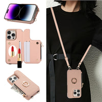 Ring Holder Crossbody Wallet Leather Case with Zipper Card Slot and Makeup Mirror for iPhone 14 Series