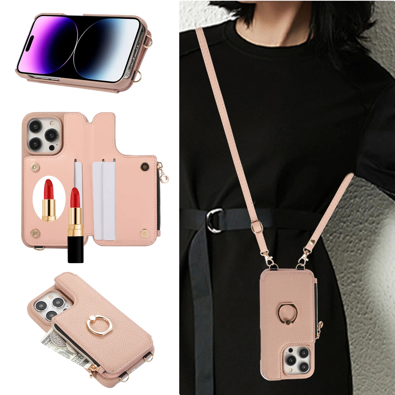 Ring Holder Crossbody Wallet Leather Case with Zipper Card Slot and Makeup Mirror for iPhone 15 Series