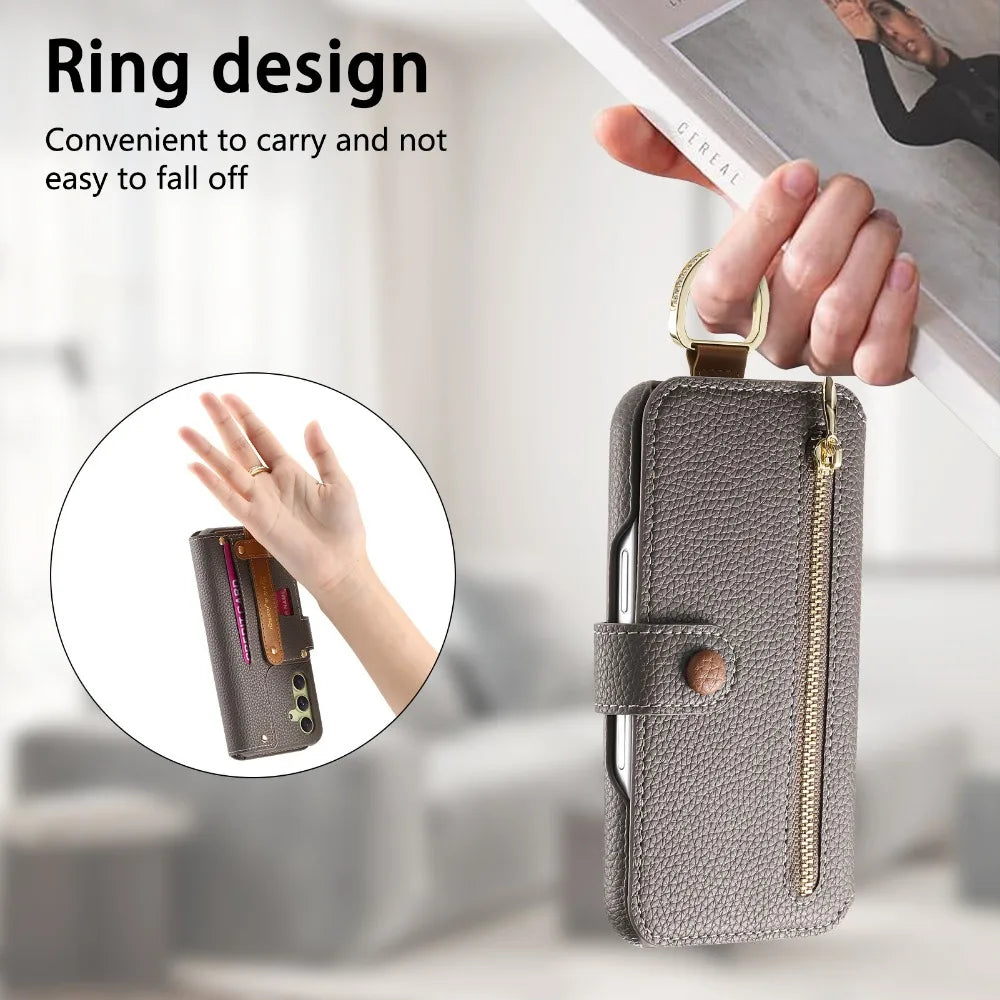 Card Slot Wallet Case with Wrist Strap & Ring Flip for Samsung Galaxy S23 Series