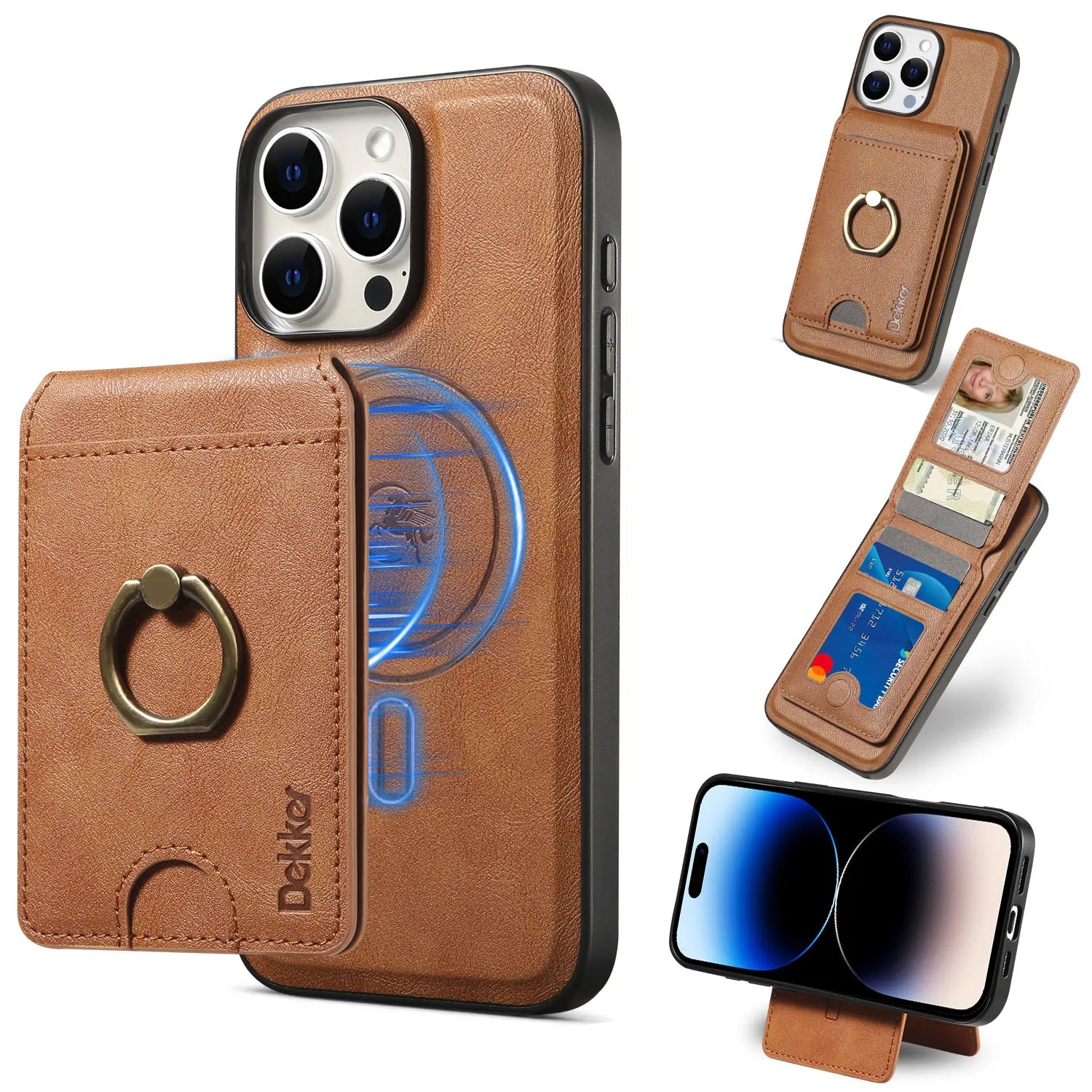 2-in-1 Leather Wallet Case with Detachable Vertical Card Slot and Ring Holder for iPhone 15 Series