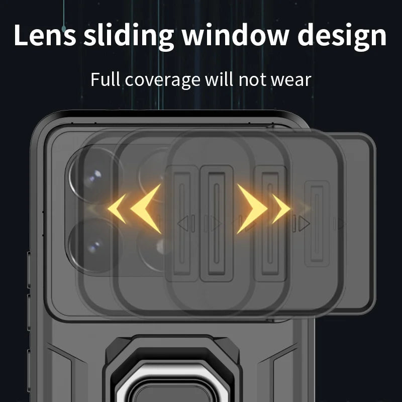 Slide Lens Cover Battle Ring Holder Push Back Case for Xiaomi Poco F6 Pro