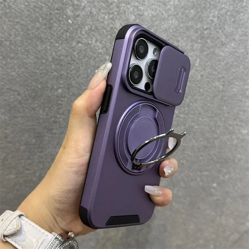 Luxury Heavy-Duty Rugged Armor Case with Magnetic Bracket and Slide Camera Protection for iPhone 16 Series