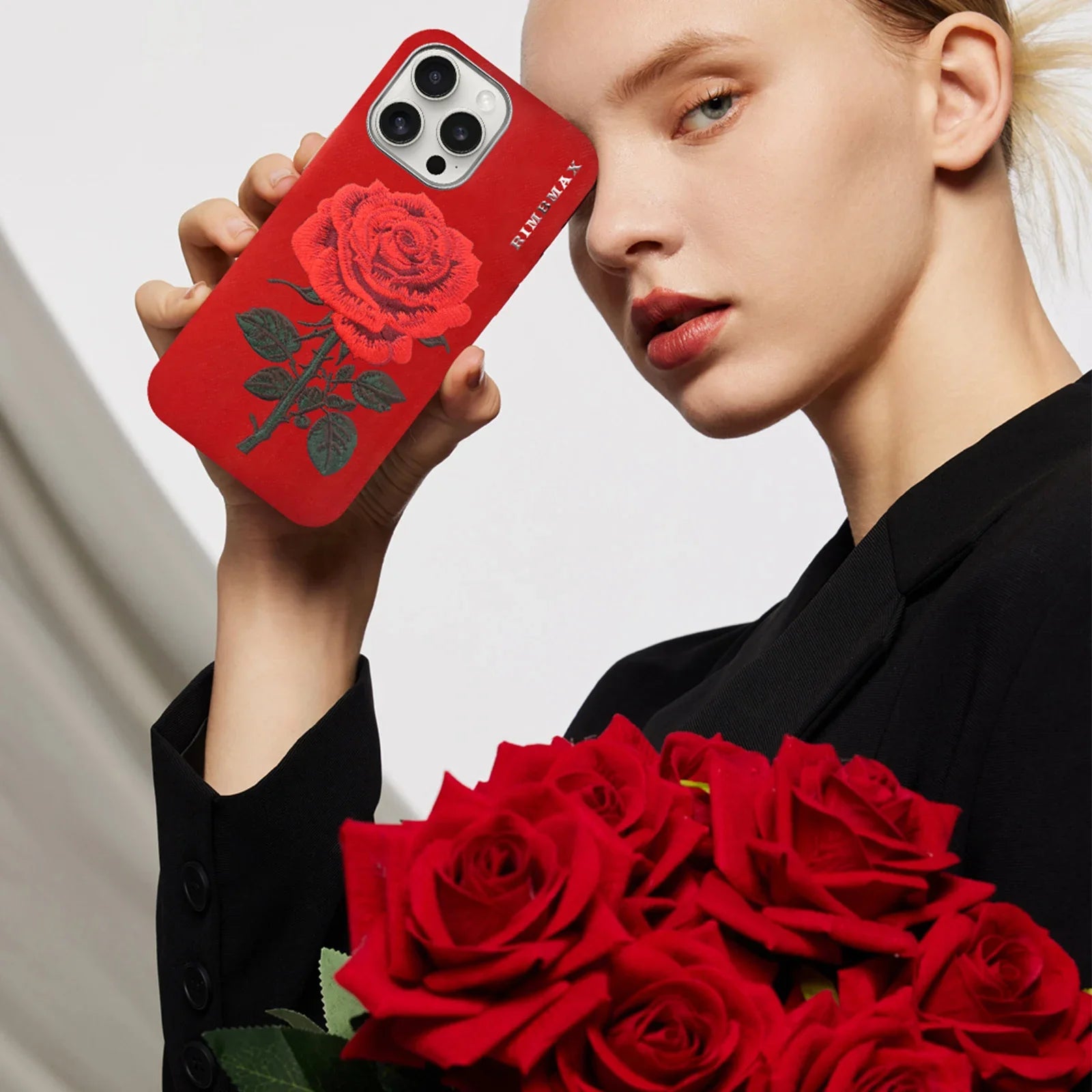 Elegant Matte Leather Case with Embroidered Red Rose for iPhone 16 Series