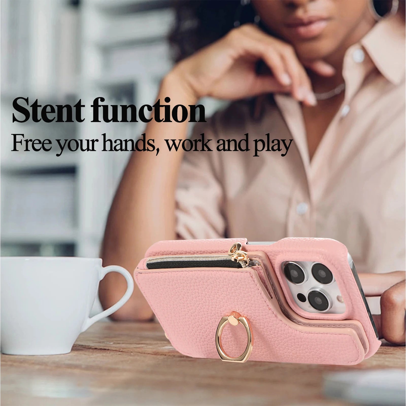 Ring Holder Crossbody Wallet Leather Case with Zipper Card Slot and Makeup Mirror for iPhone 14 Series