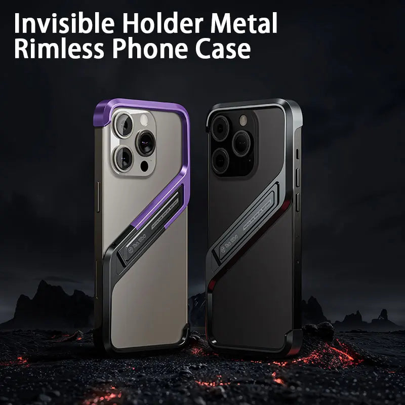 Sleek Aluminum Rimless iPhone 14 Case with Discreet Metal Stand