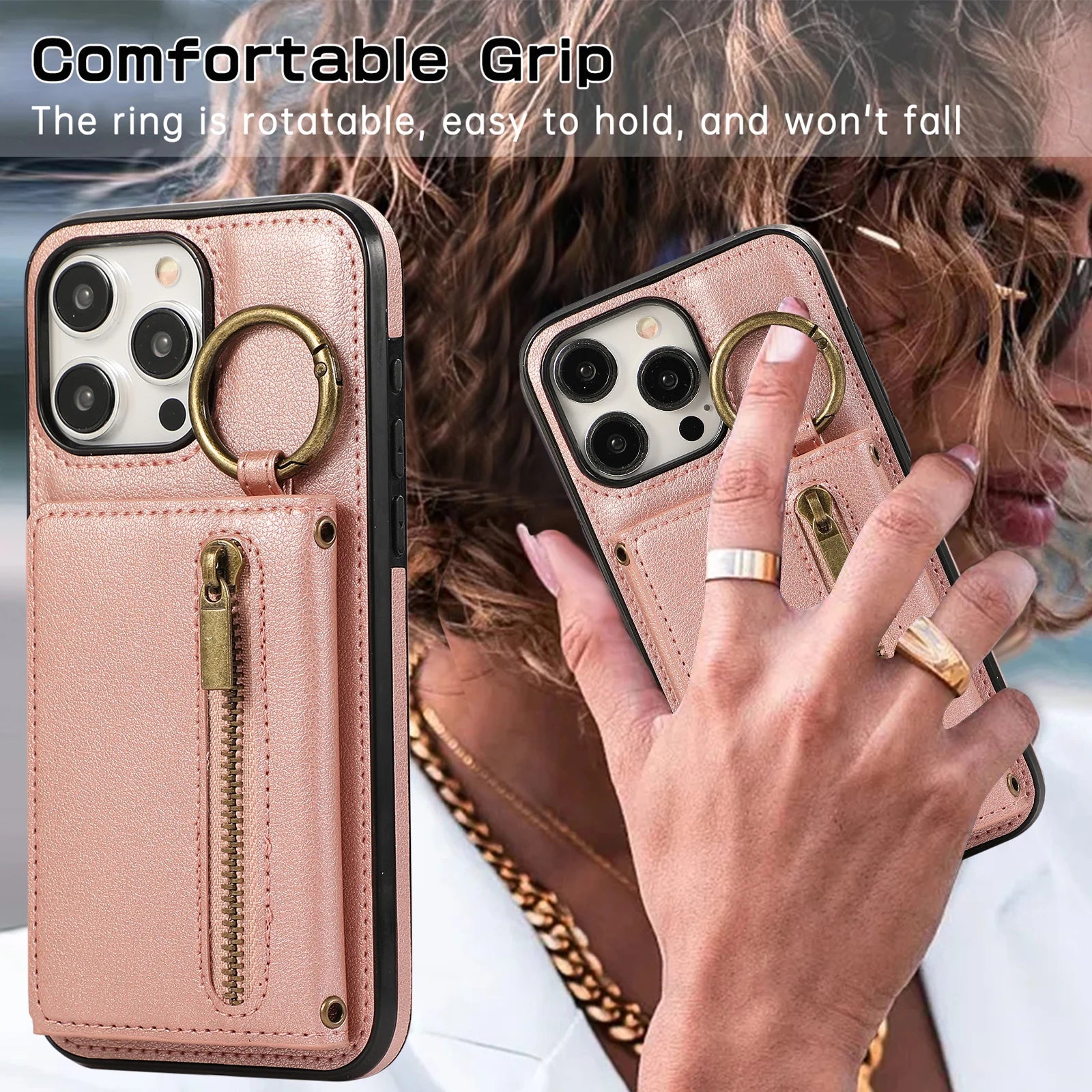 Crossbody Triple Wallet Leather Zipper Case with Ring Holder for iPhone 14 Series