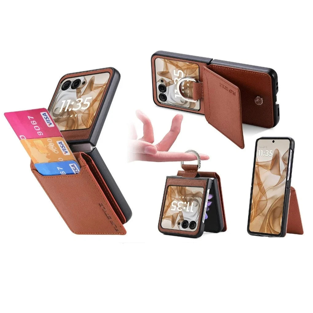 PU Leather Wallet Case with Finger Ring & Card Slot Holder for Motorola Razr 50 Ultra