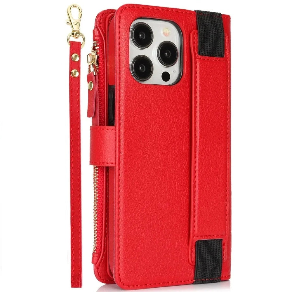 Leather Zipper Wallet Phone Case with Card Holder & Wrist Strap for iPhone 16 Series – Stylish Convenience