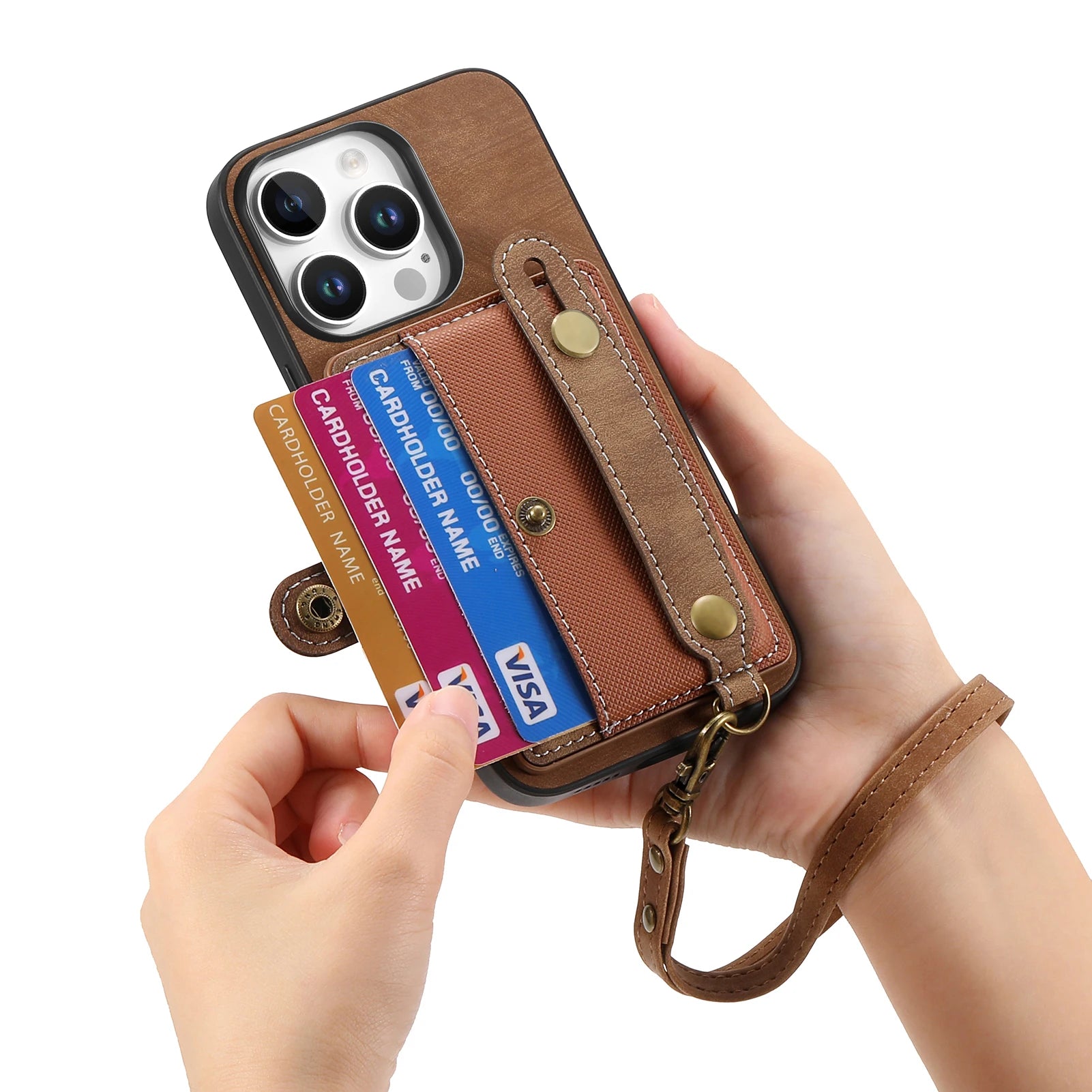 Wrist Strap Leather Wallet Case with Card Holder and Kickstand for iPhone 16 Series