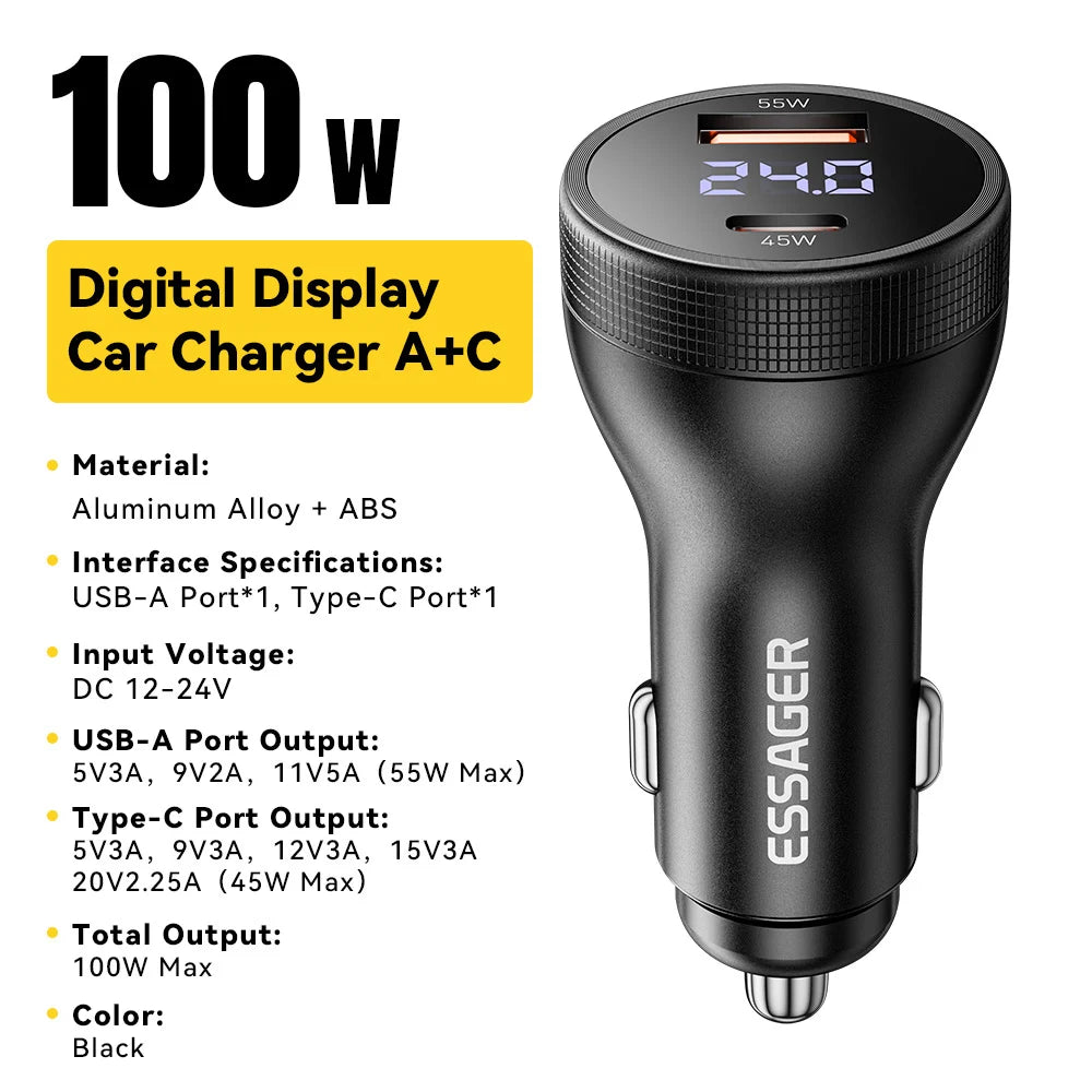 Essager 100W USB-C Car Charger with Digital Display