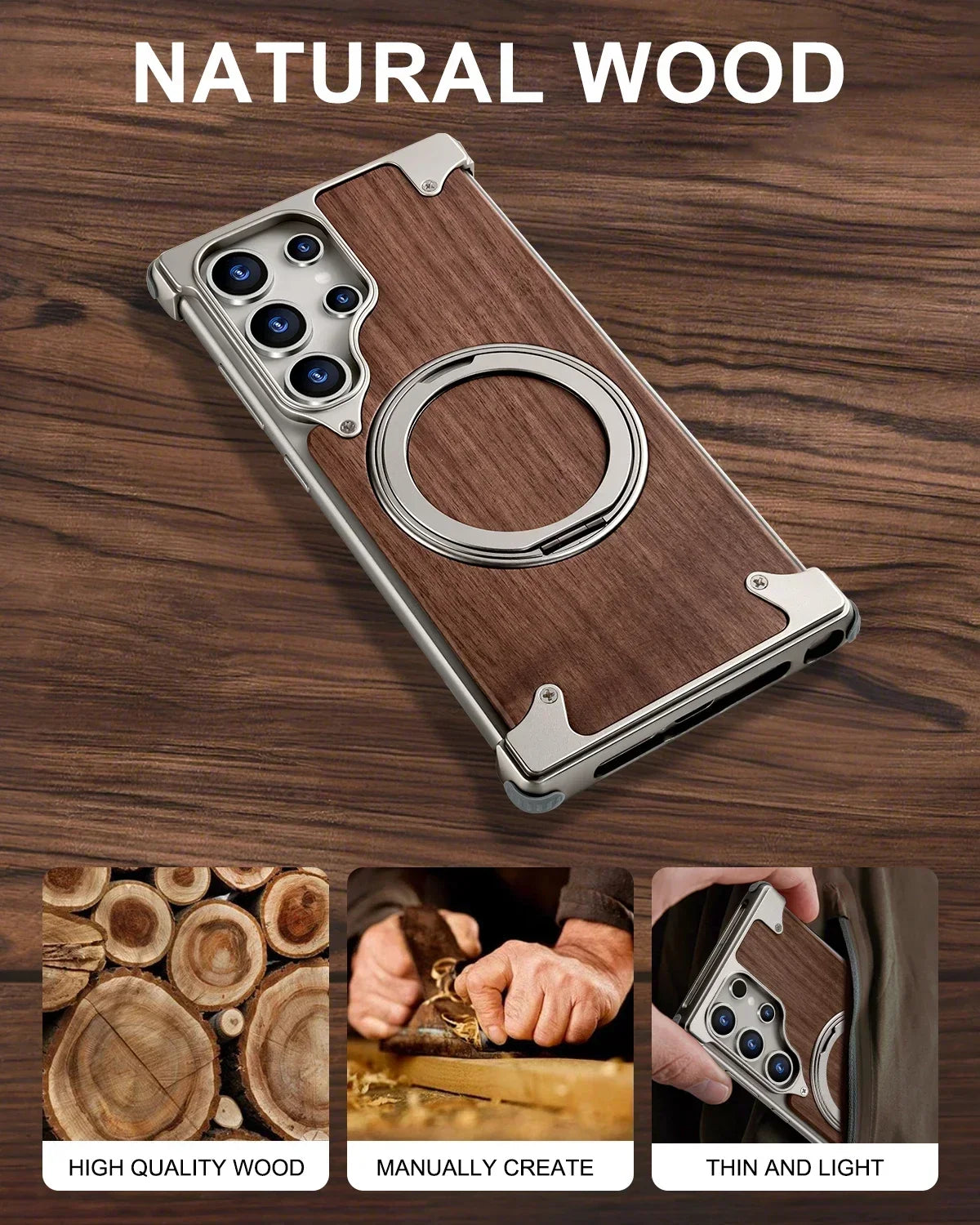 Solid Wood Bumper Case with 360° Rotating Ring Stand for Samsung Galaxy S25 Ultra