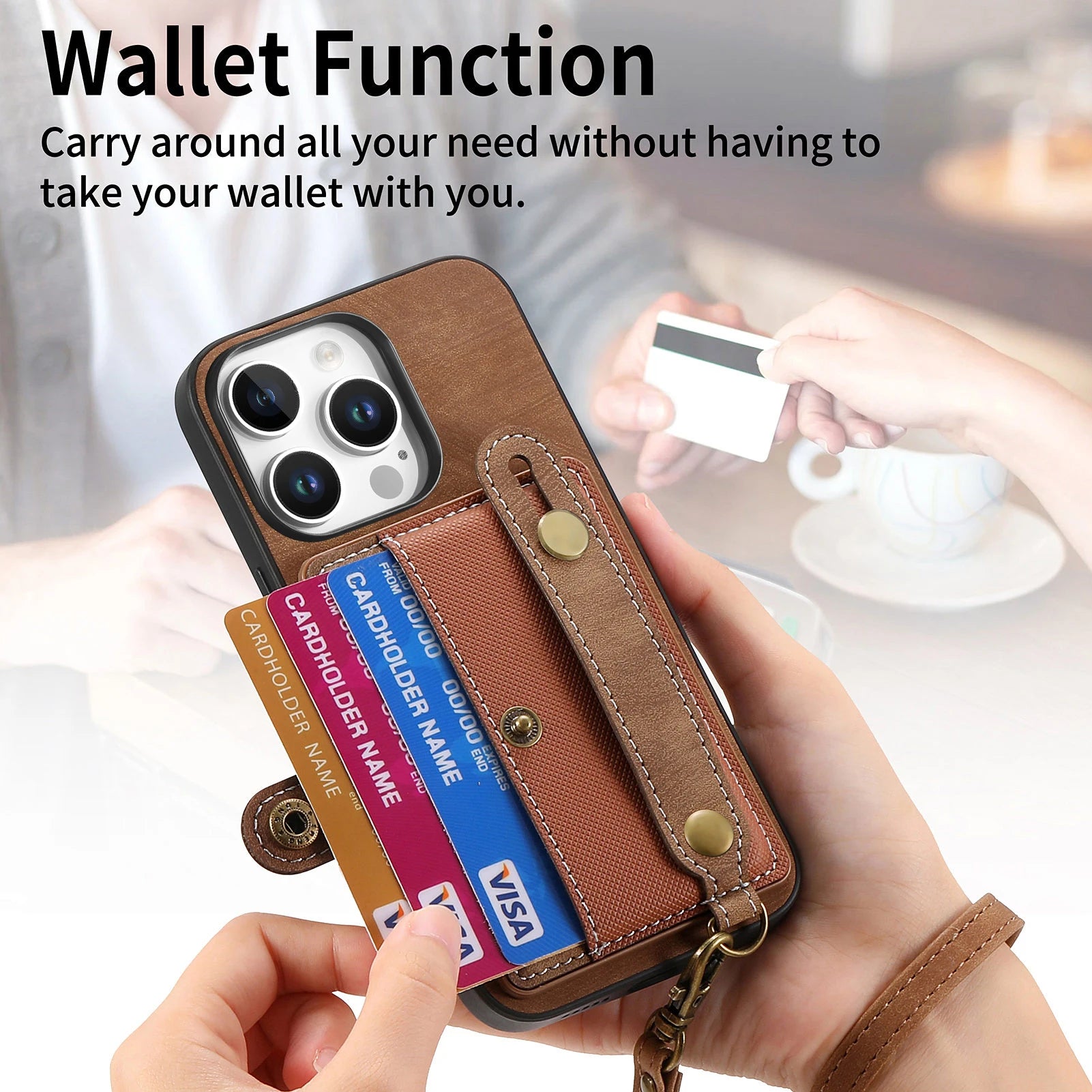 Wrist Strap Leather Wallet Case with Card Holder and Kickstand for iPhone 16 Series