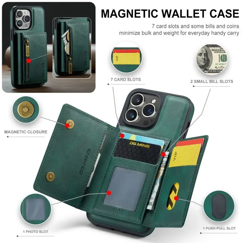 2-in-1 Detachable Magnetic Leather Case with Zipper Card Slot Wallet Pocket Holder for iPhone 14 Series