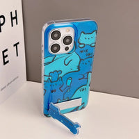 Cartoon Blue Graffiti Cat Folding Holder Case for iPhone 15 Series