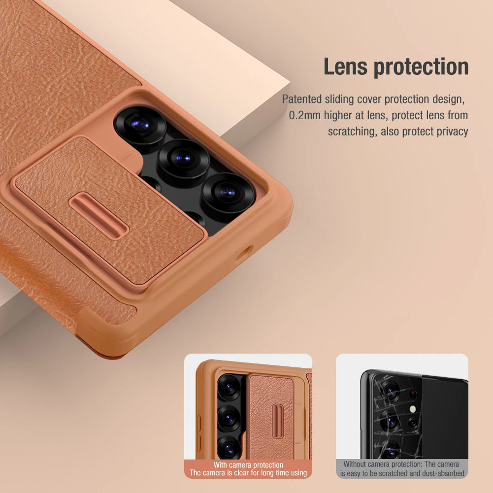 Premium Leather Flip Case with Sliding Camera Protection for Samsung Galaxy S25 Series