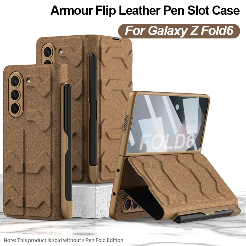 Armor Leather Fold Stand Case with Outer Glass, Pen Slot, and Card Holder for Samsung Galaxy Z Fold 6