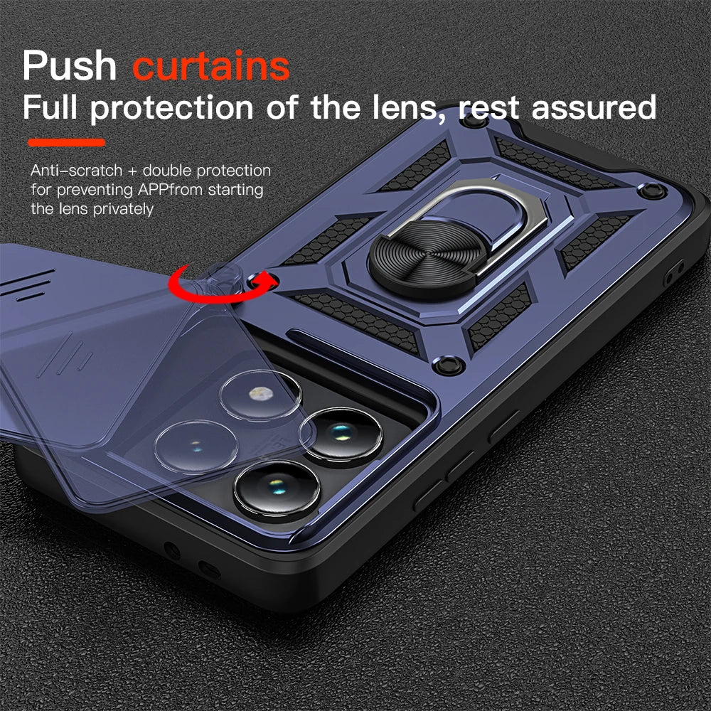 Shockproof Armor Case with Slide Camera Lens Protection and Ring Stand for Xiaomi 14T Series