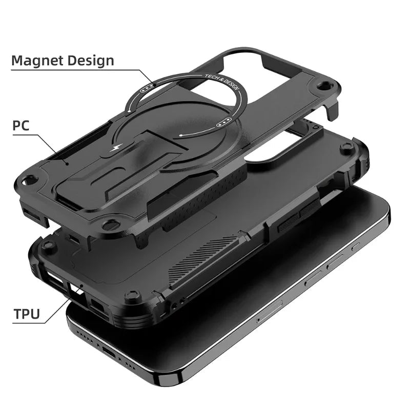 Shockproof MagSafe Armor Case with Holder for iPhone 15 Series