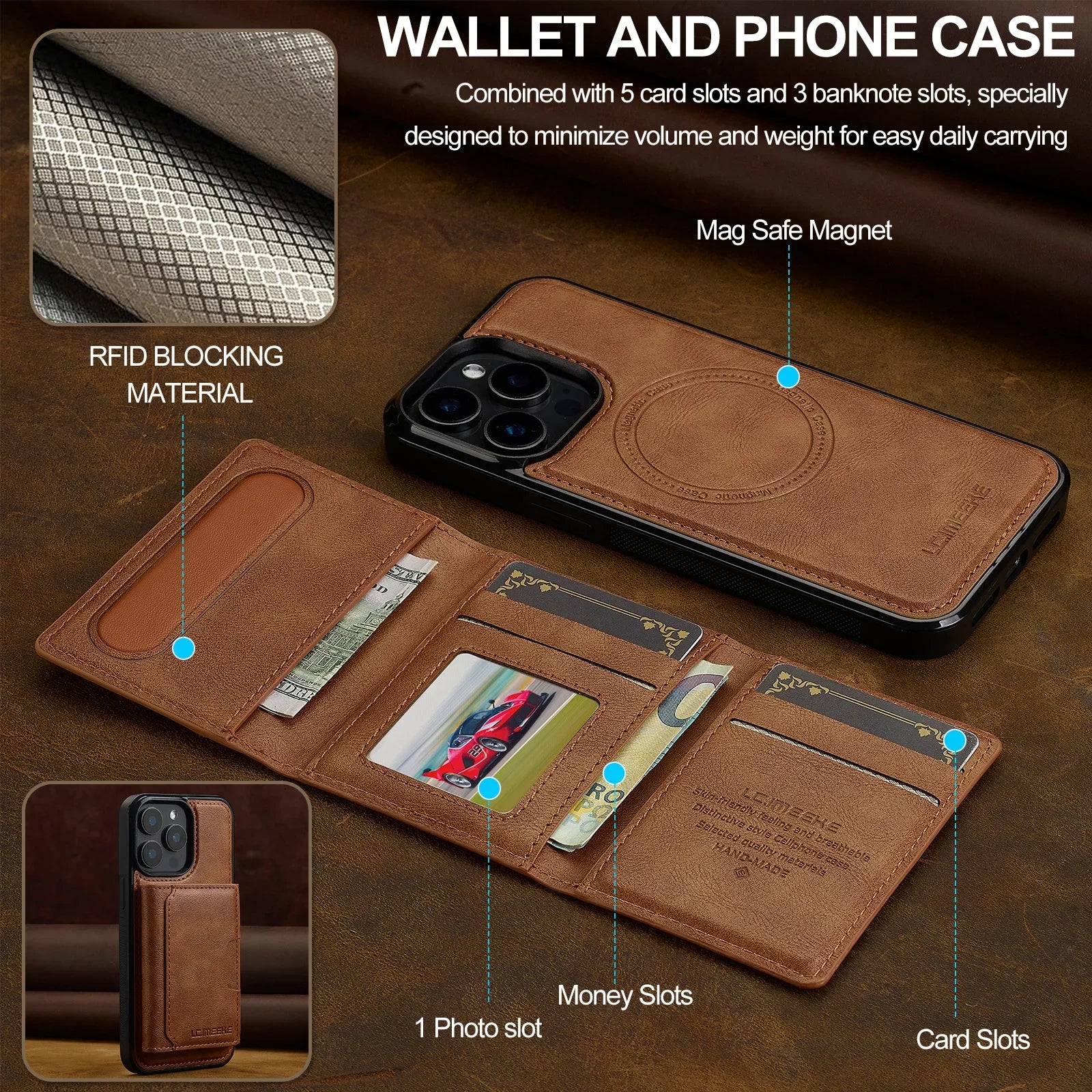 2-in-1 Magnetic Leather Detachable Wallet Case with RFID Blocking for iPhone 16 Series