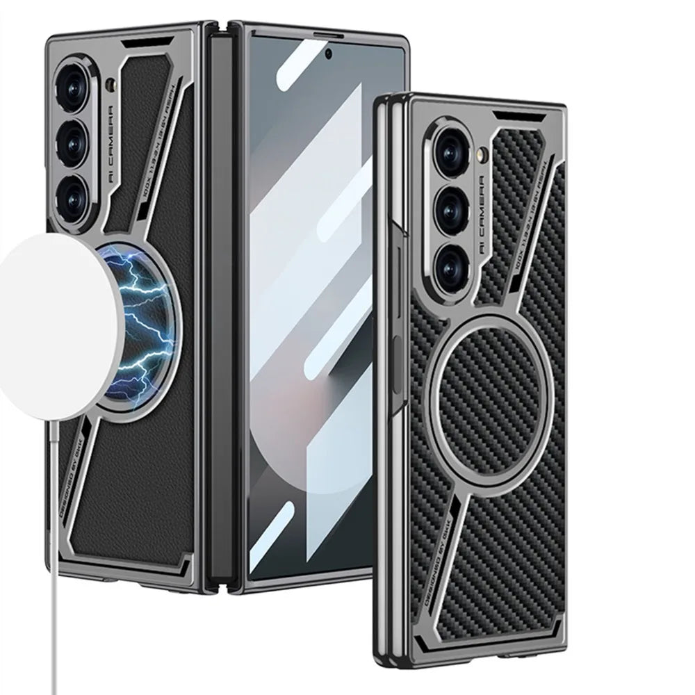 Electroplated Leather Protective Case with Magnetic Wireless Charging for Samsung Galaxy Z Fold 6