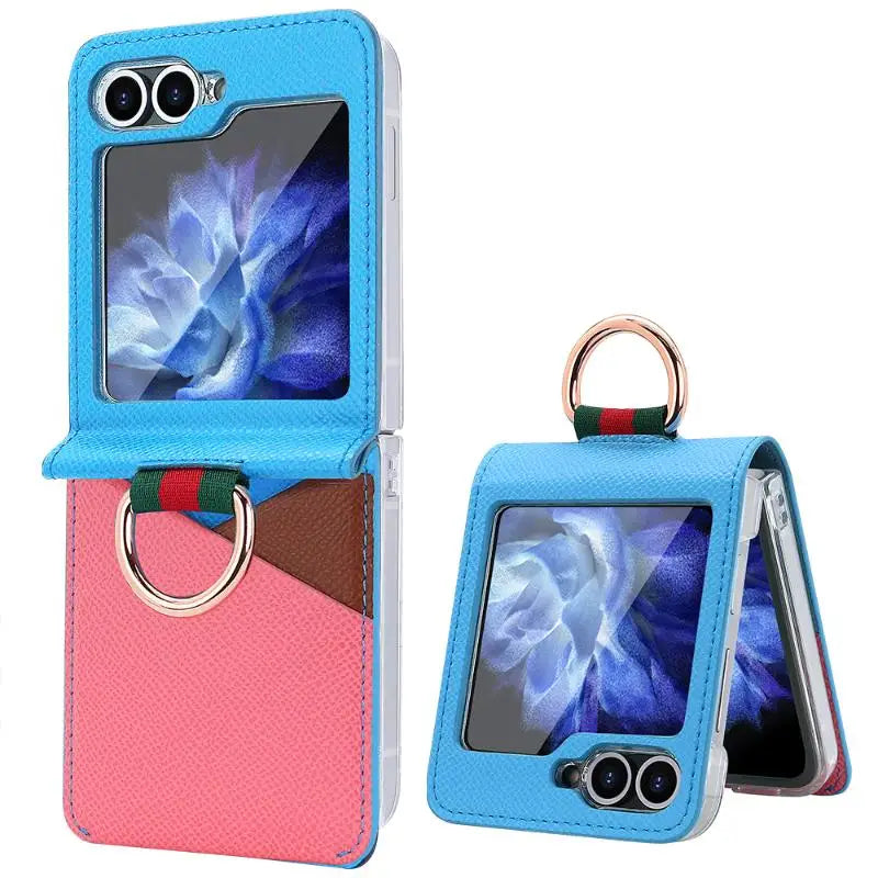 Geometric Leather Case with Ring and Card Holder for Samsung Galaxy Z Flip 6