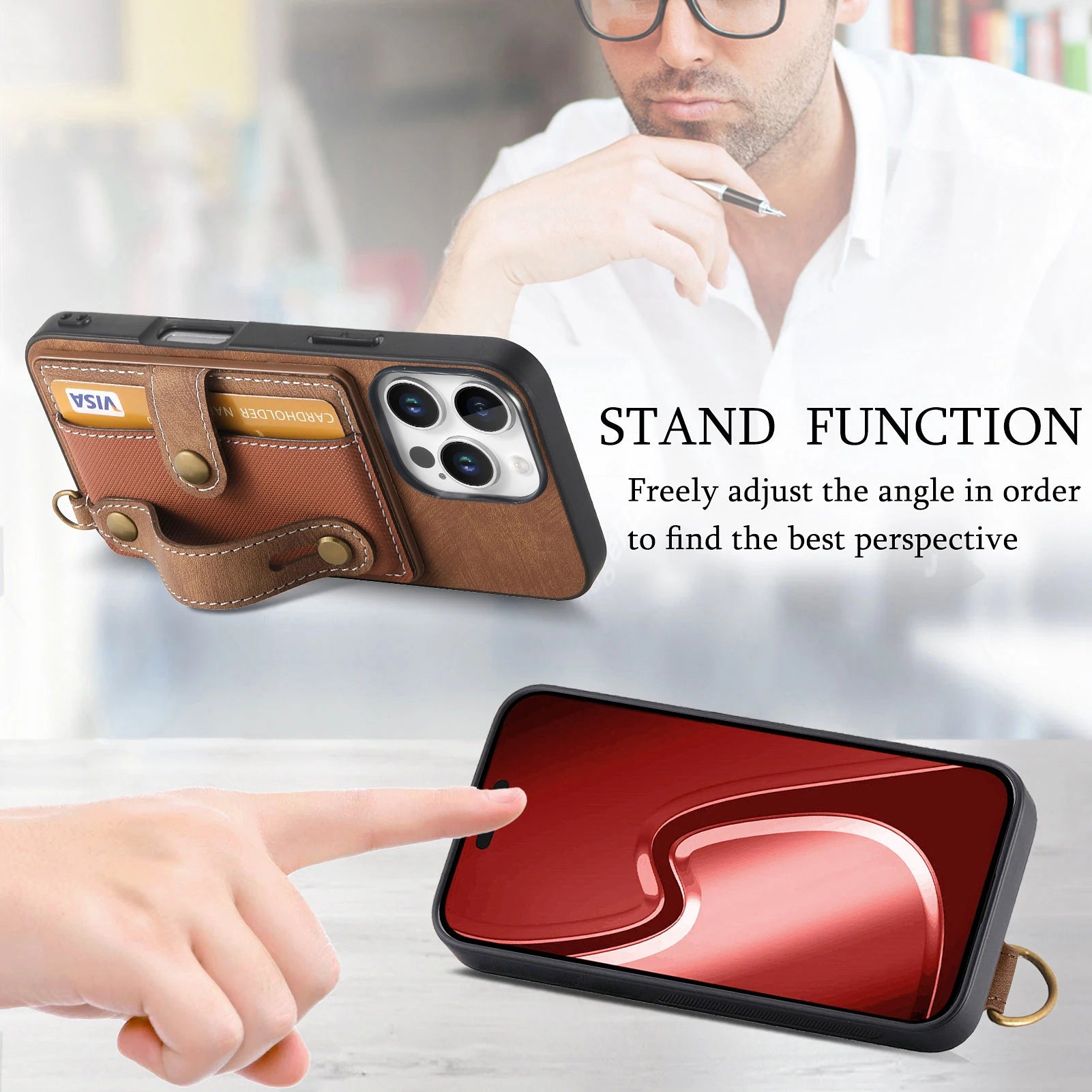 Wrist Strap Leather Wallet Case with Card Holder and Kickstand for iPhone 16 Series