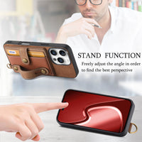 Wrist Strap Leather Wallet Case with Card Holder and Kickstand for iPhone 16 Series