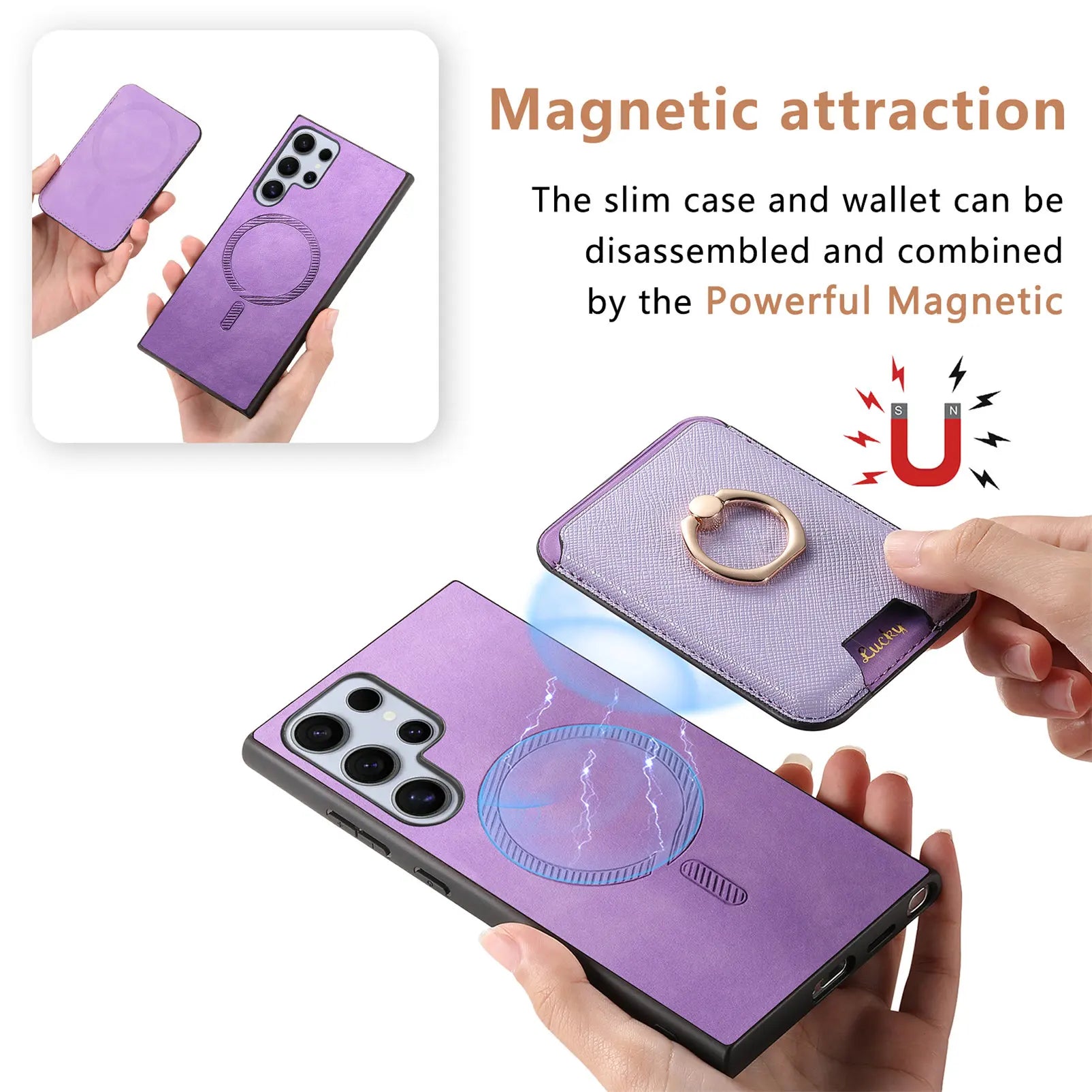 2-in-1 Magnetic Wallet Leather Case with Card Slot and Detachable Ring Holder for Samsung Galaxy S23 Series