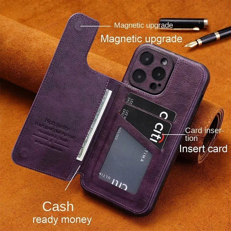 Luxury Leather Flip Wallet Case for iPhone 15 Series