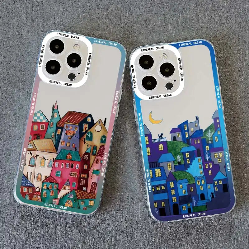 Cartoon Colourful Painted House Clear Phone Case For iPhone 15  Transparent Cover Fundas