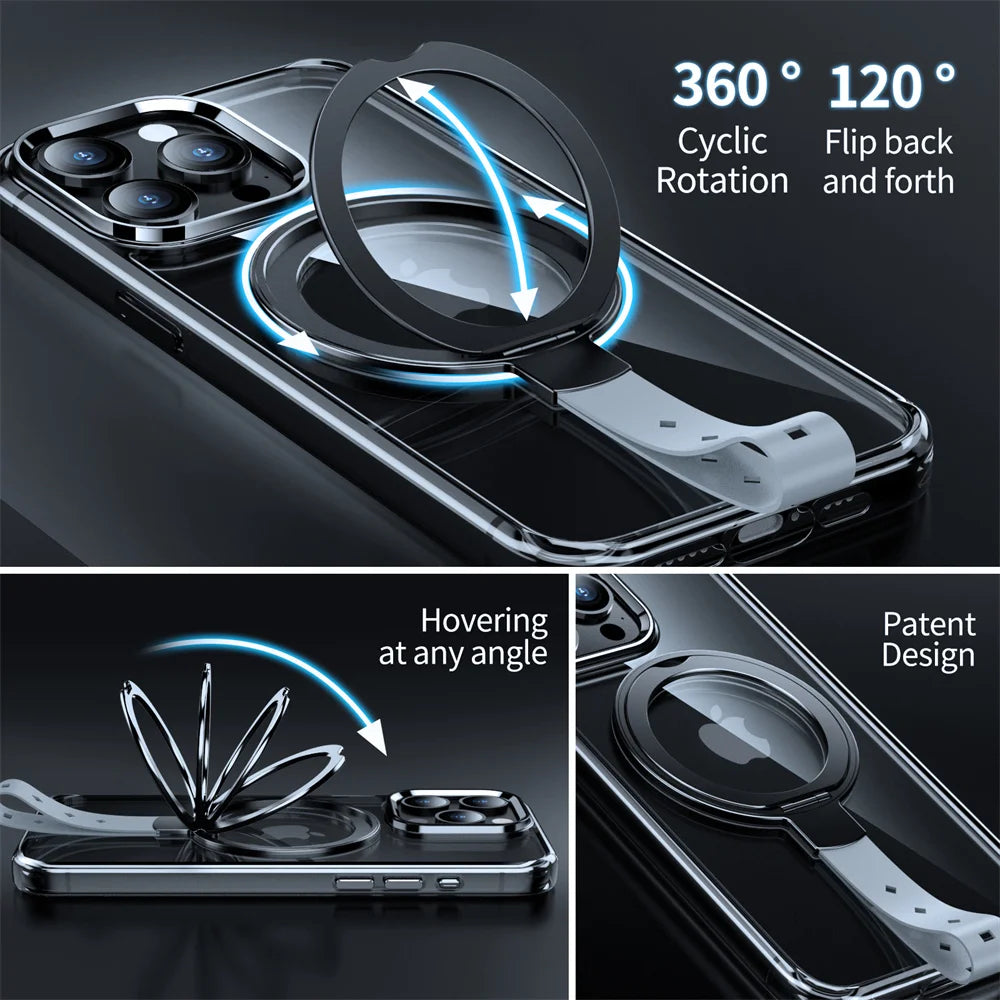 360° Rotating Magnetic Transparent Phone Case with Cyclic Bracket Ring for iPhone 15 Series