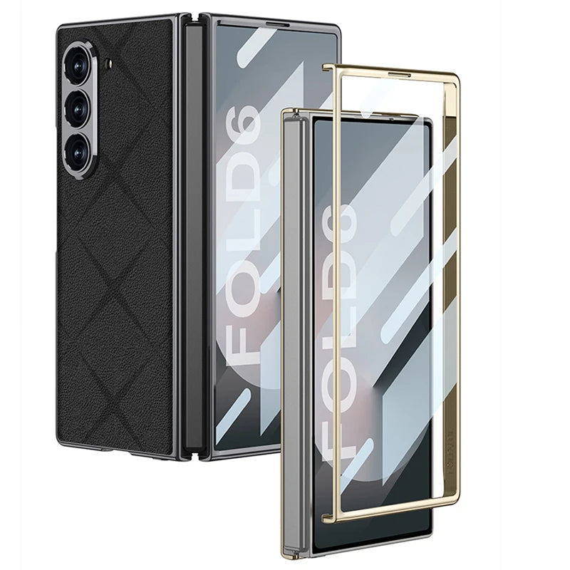 Electroplated Leather Folding Case with Tempered Glass for Samsung Galaxy Z Fold 6