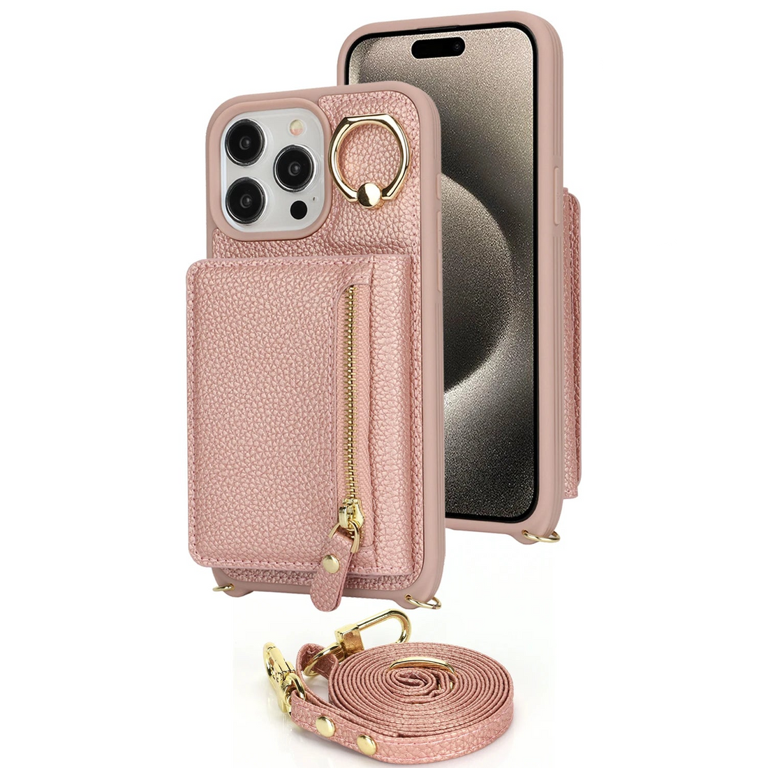 Crossbody Ring Holder Card Slot Wallet Leather Case for iPhone 14 Series