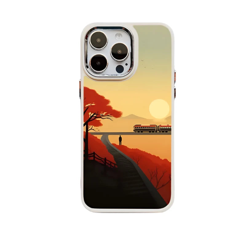 Autumn Sunset Scenery Silicone Phone Case for iPhone 15 Series