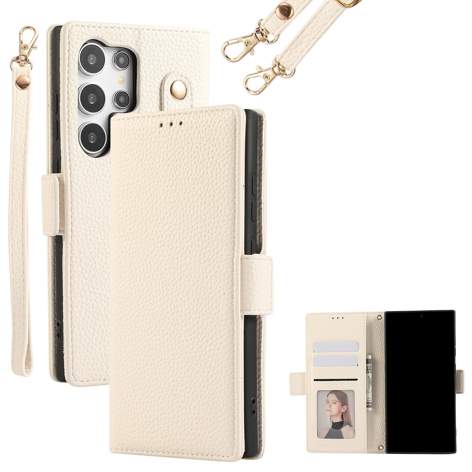 Crossbody Litchi Leather Wallet Case with Card Slots and Wristband for Samsung Galaxy S23 Series