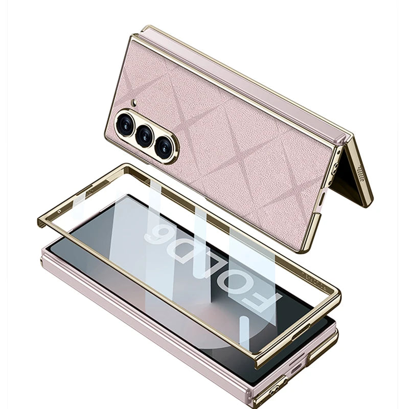 Electroplated Leather Folding Case with Tempered Glass for Samsung Galaxy Z Fold 6