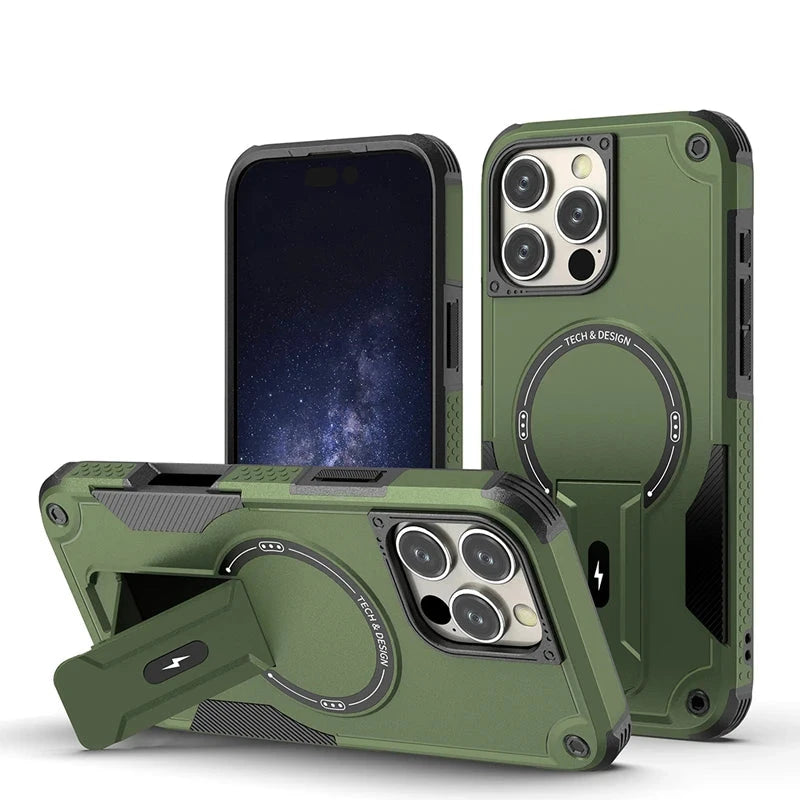 Drop-Proof Magnetic Dual Layer Armor Case with Ring Kickstand for iPhone 16 Series