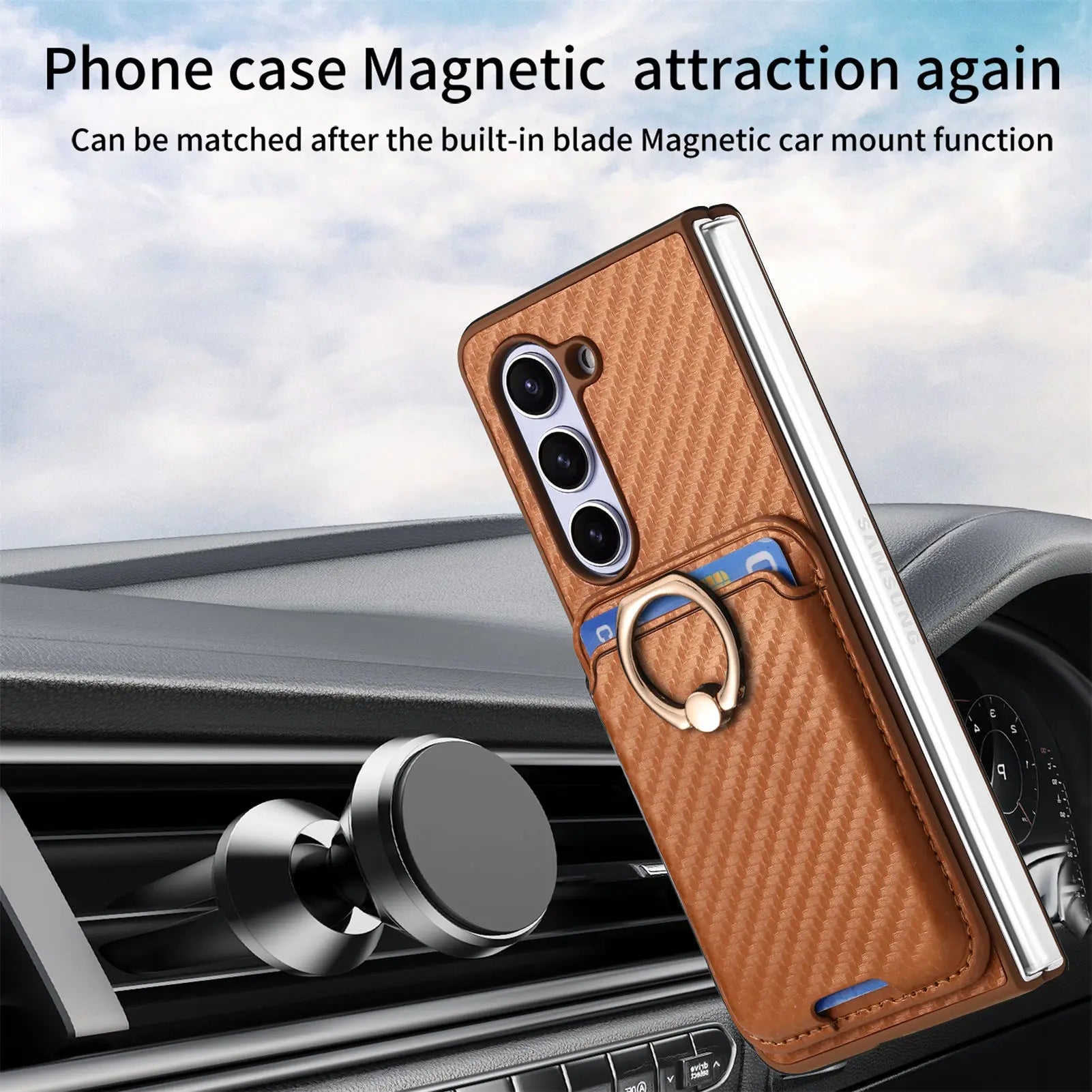 2-in-1 Ring Holder Magnetic Carbon Fiber Wallet Case with Card Slot for Samsung Galaxy Z Fold 5