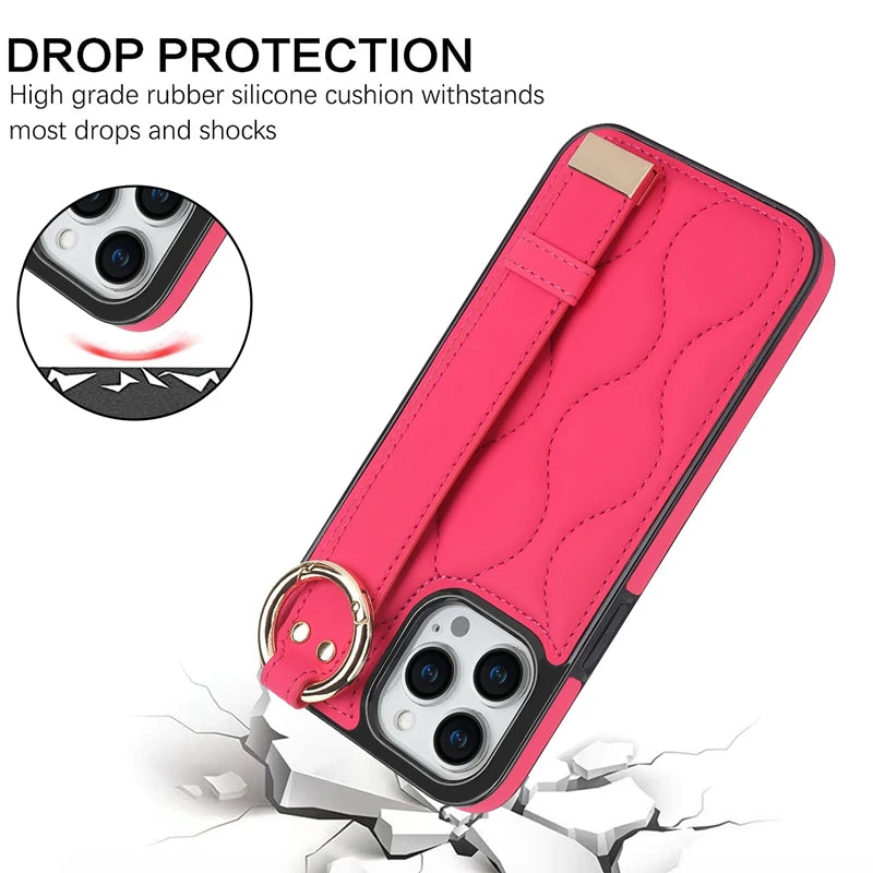 Ring Wrist Strap Leather Case for iPhone 15 Series