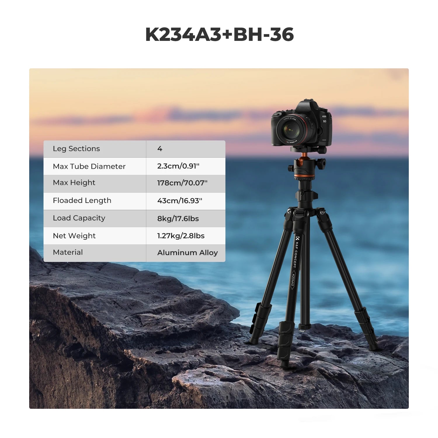 K&F Concept 178cm Camera Tripod with Cellphone Clip