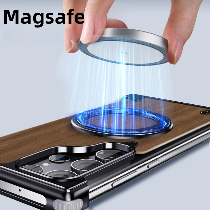 Wooden Magnetic Protective Phone Case with Ring for Samsung Galaxy S24 Ultra