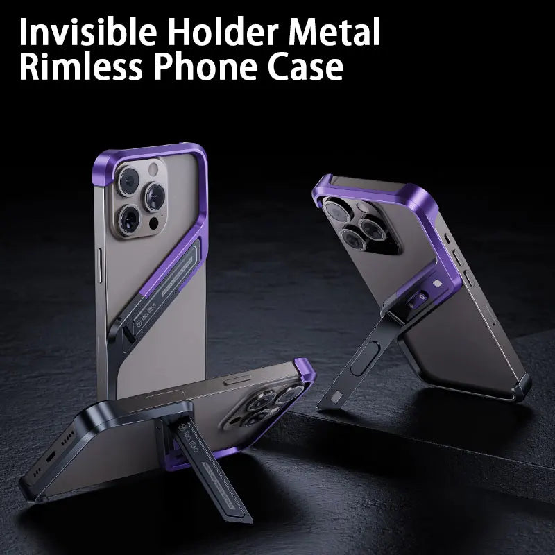 Sleek Aluminum Rimless iPhone 14 Case with Discreet Metal Stand