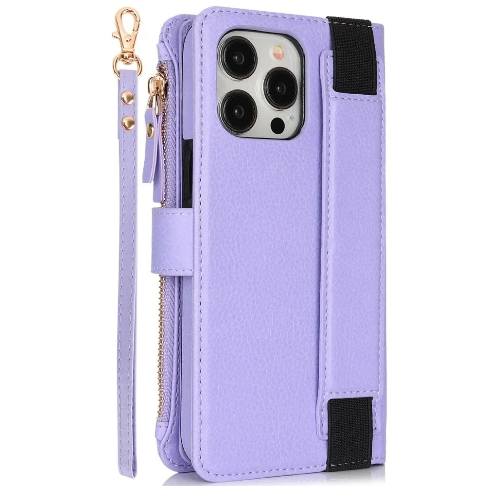 Leather Zipper Wallet Phone Case with Card Holder & Wrist Strap for iPhone 16 Series – Stylish Convenience