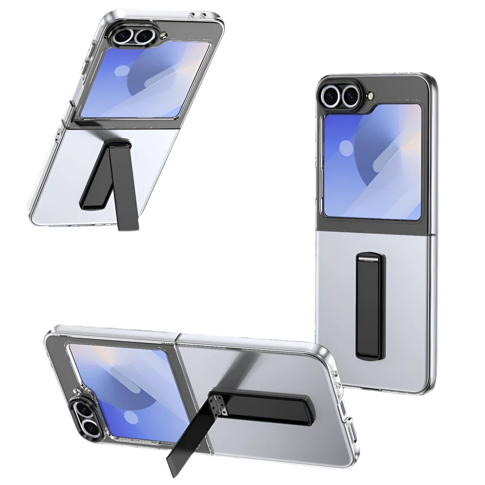 Samsung Galaxy Z Flip 5 Transparent Shockproof Case with Metal Kickstand & Built-in Screen Protector