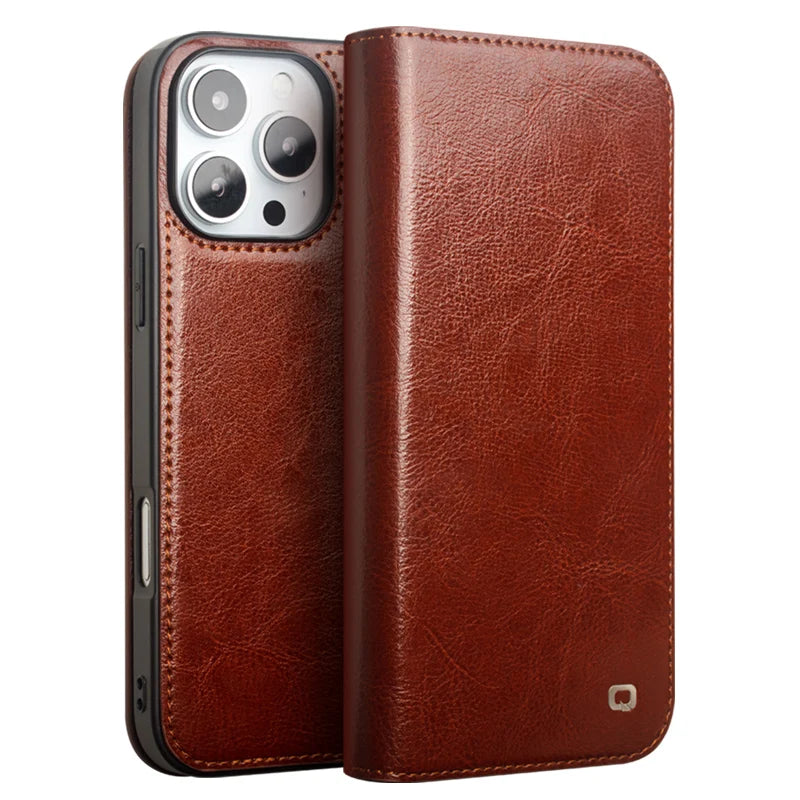 Premium Genuine Cowhide Leather Flip Wallet Case for iPhone 16 Series